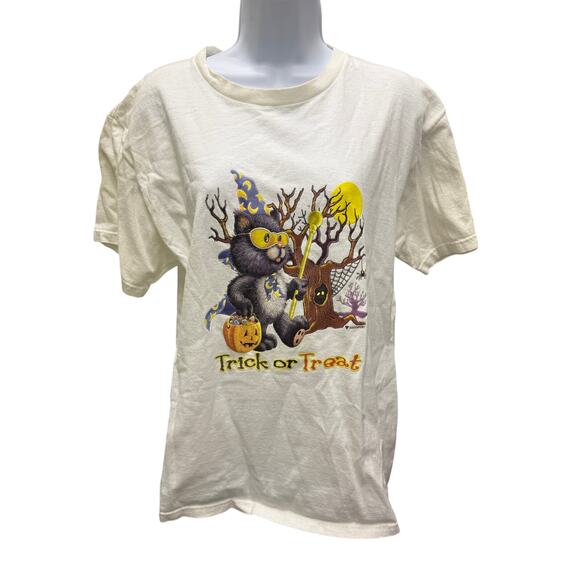 2 VTG 90's Halloween T Shirts SZ L South Point Black Cat Jack O Lantern Bat FLAW - Picture 4 of 12